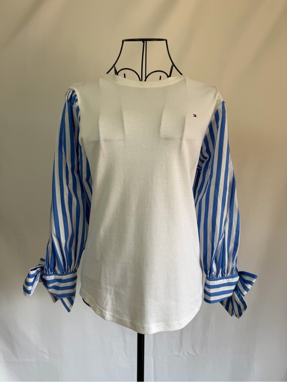 Tommy Hilfiger White Tee with Blue Striped Tie Sleeves